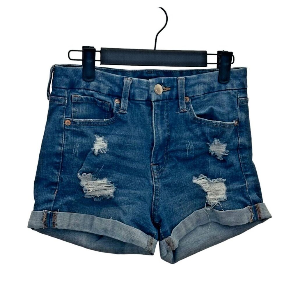 Aeropostale AERO High Rise Curvy Midi 3" Stretch Distressed Denim Shorts Size 6
